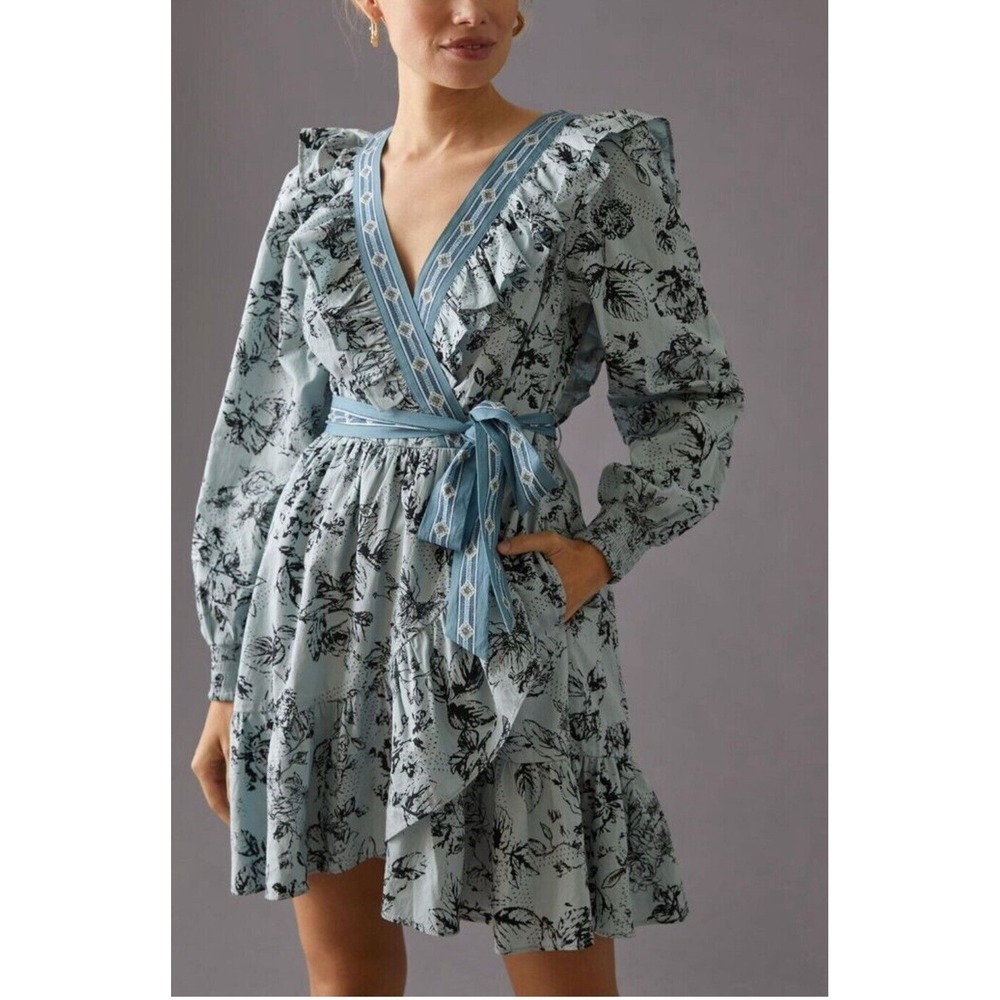 Anthropologie Ruffle Wrap Mini Dress Floral Printed Long Sleeve Lace Smocked XL